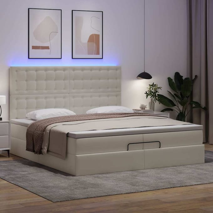 vidaXL - Ottoman - bed - met - matrassen - en - LED's - 200x200cm - kunstleer - wit