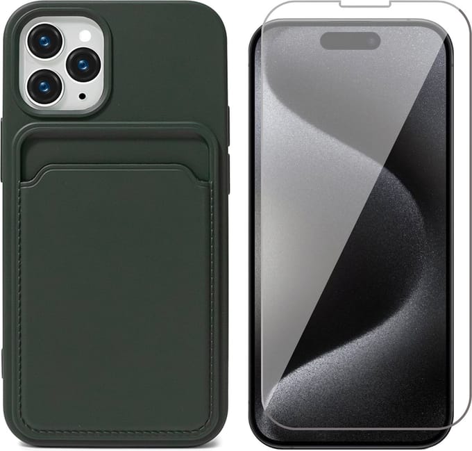 Hoesje Pasjeshouder geschikt voor iPhone 15 Pro - Screenprotector GlassGuard - Siliconen Case Back Cover Groen & Screen Protector