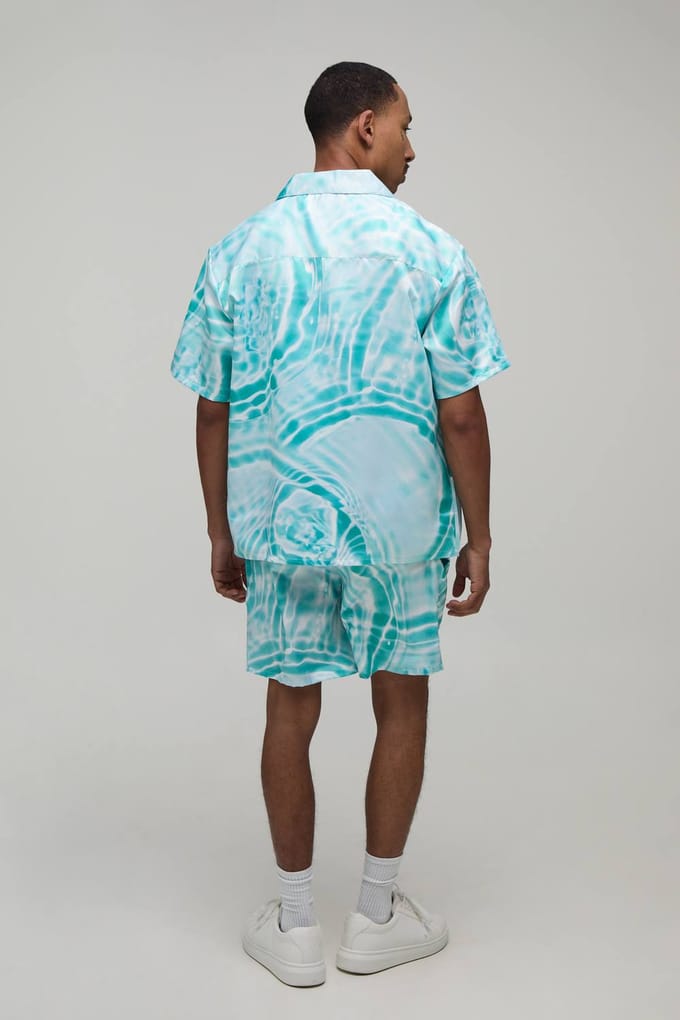 Oversized Shirt En Short Set Met Korte Mouwen En Waterprint Satijn | Blue | Size Medium