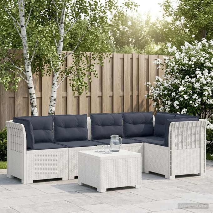 vidaXL - 5-Zits - Tuinbank - met - Kussens - Rattanlook - PP - Wit
