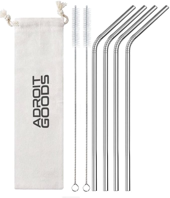 AdroitGoods RVS rietjes Gebogen - Set van 4 herbruikbare rietjes - 21 cm - Met opberghoes