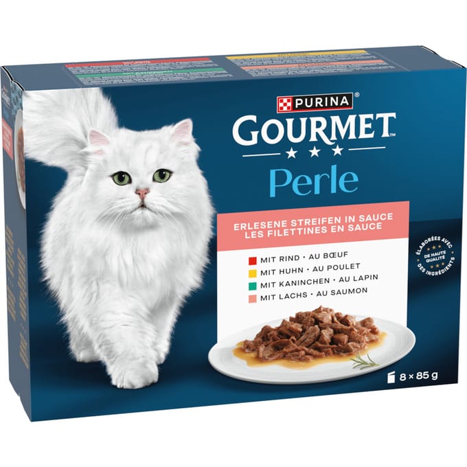 8x85g Rund/Kip/Konijn/Lam Mini Filets in Saus Gourmet Perle Kattenvoer