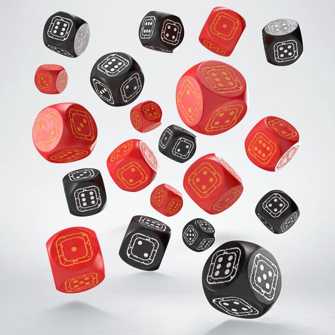 Q-Workshop dobbelstenen set Fortress Compact D6 zwart rood 20 stuks.