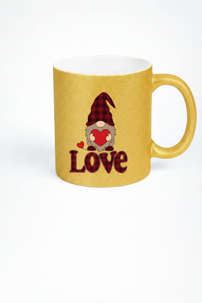 Glitter Gouden Mok met Liefde Kabouter, Plaid Design en Hart - Valentijn Cadeau