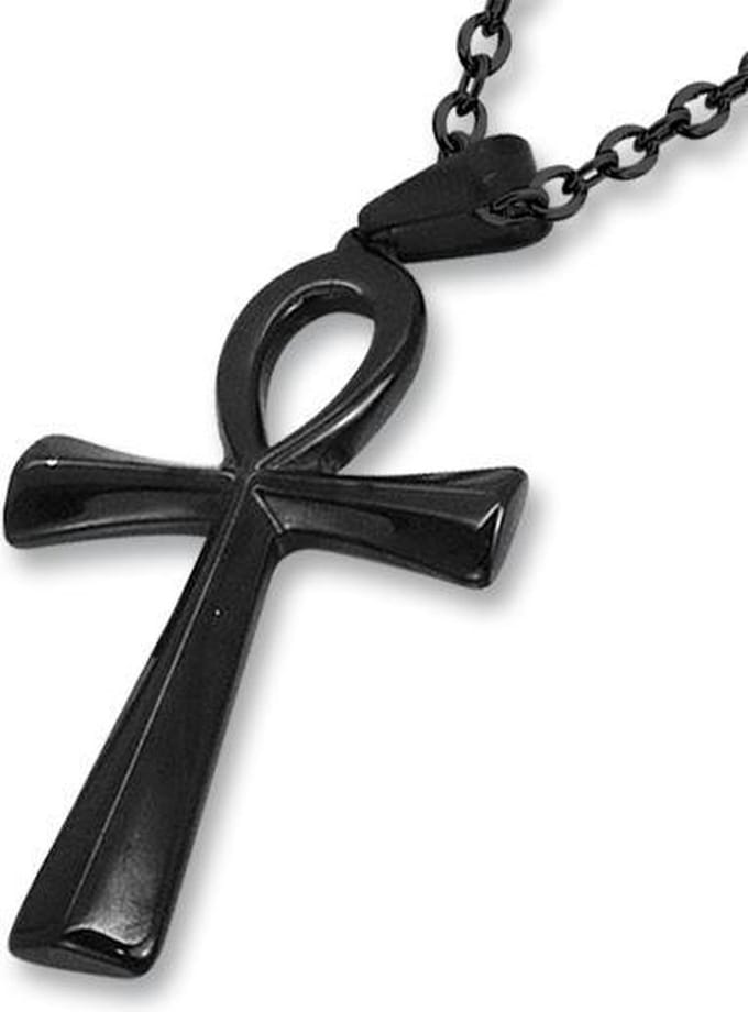 Amanto Ketting Dain Black L - 316L Staal - Kruis - Ankh - 64x38mm - 60cm