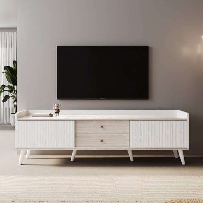 Sweiko TV kast - 2 Laden - 2 Schuifdeuren - Streepontwerp - Wit + Natuurlijke houtnerf