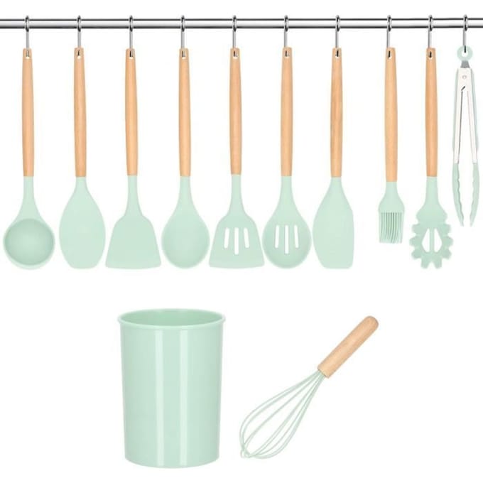 Springos Kookgerei Set | 12 Delig | Keukengerei Siliconen Set | Bamboe/ Siliconen | Mint