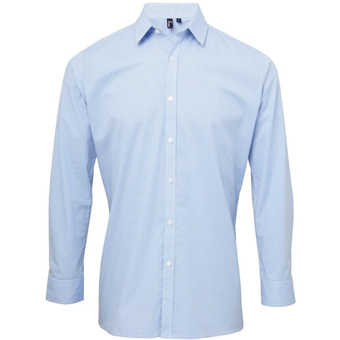 Premier Heren Gingham overhemd met lange mouwen (Lichtblauw/Wit)