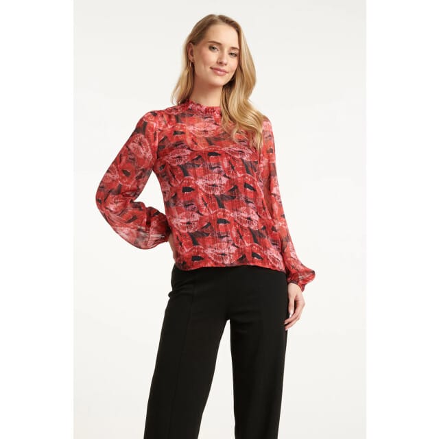 Smashed Lemon Lippenprint chiffon top in rood en zwart |