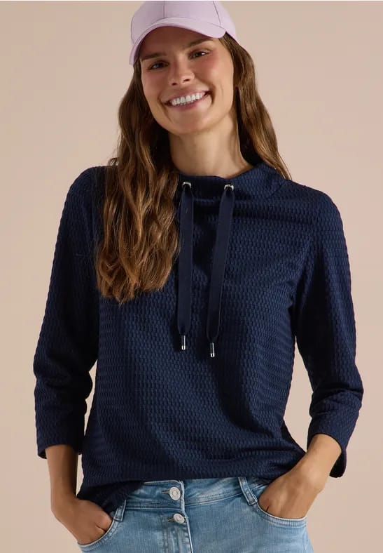 Shirt met 3/4-mouwen, trechterhals en structuur