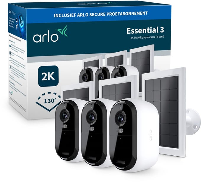 Arlo Essential3 2K beveiligingscamera & zonnepanelen - 3-PACK