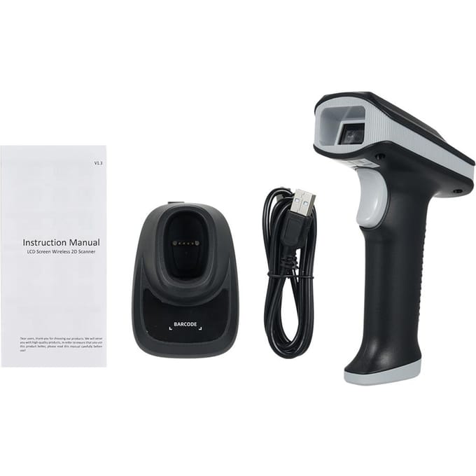 2D 1D QR Barcode Scanner met Scherm en Laadstation  BT & 2,4 GHz Draadloze Verbinding zwart