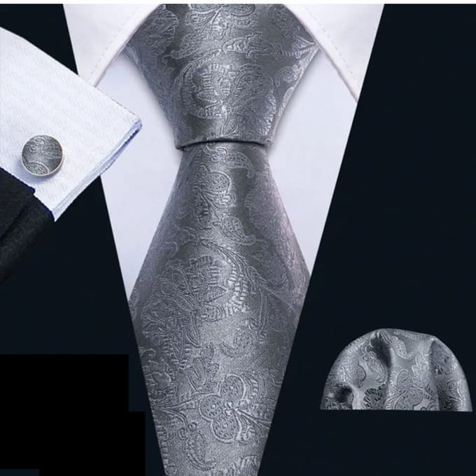 3-Delig-Stropdasset-Zijde- Midden grijs- Bloem - Charme Bijoux