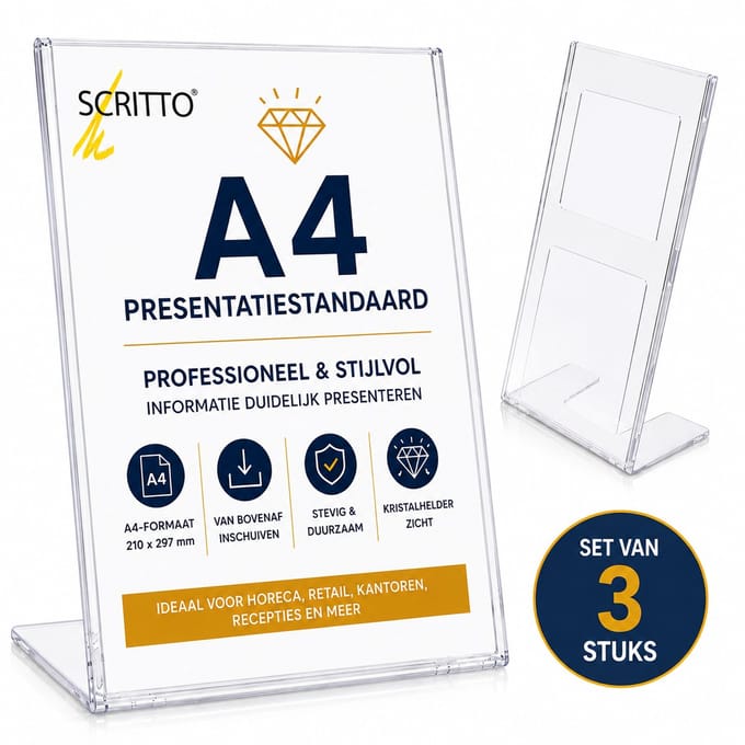 Set van 3 Scritto Presentatiestandaard A4 Staand – Transparante Folderhouder – Menukaarthouder – Informatiedisplay – L-Model