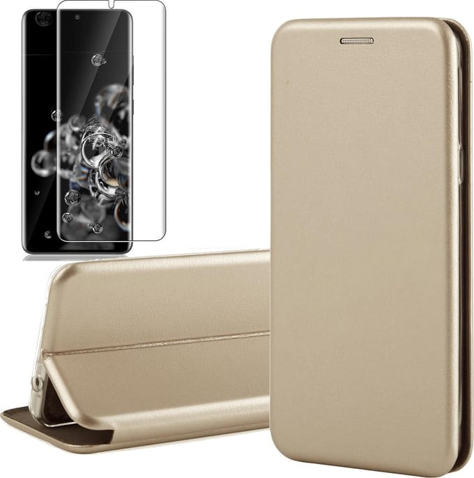 Hoesje geschikt voor Samsung Galaxy S20 Ultra - Screen Protector GlassGuard - Book Case Kunstleer ThinShield Goud & Screenprotector