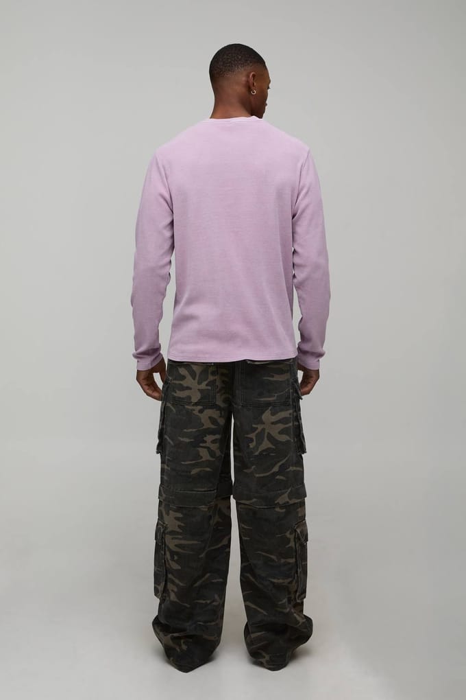 Geribbeld Slim Fit Acid Wash T-Shirt met Lange Mouwen | Pink | Size Medium
