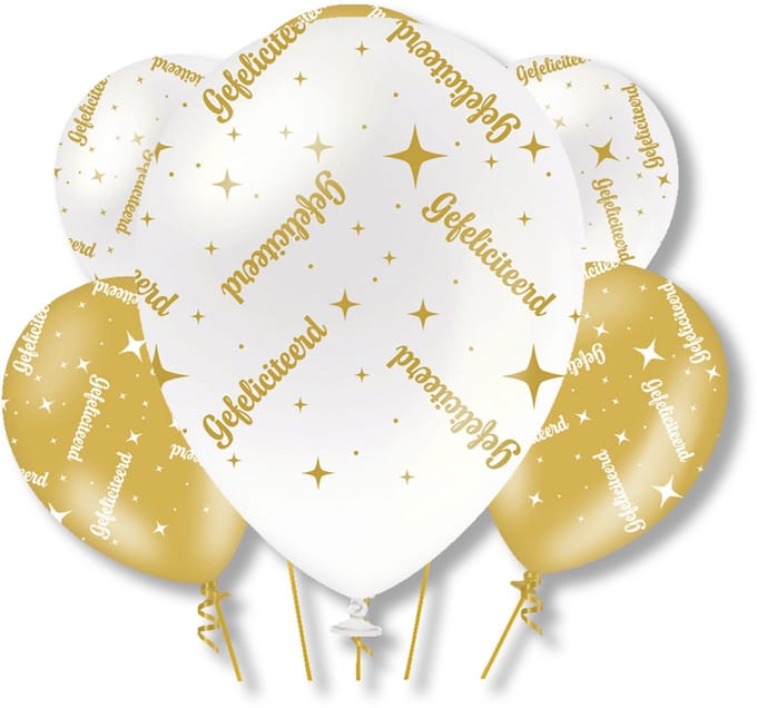 BTH – Gefeliciteerd Latex Ballonnen – 6 stuks – Wit-Goud – Verjaardag Versiering – Helium – 30cm