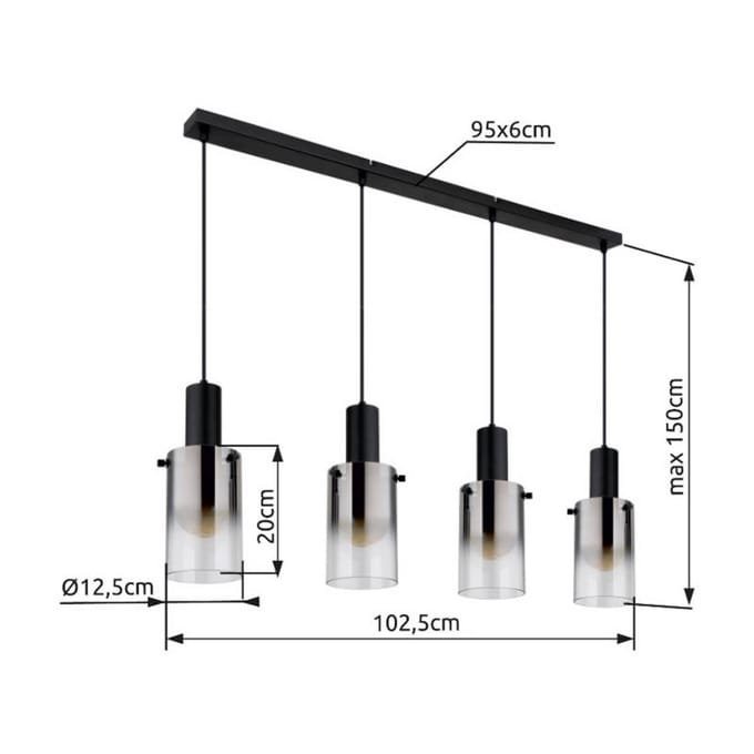 Globo - hanglamp - Florentina - zwart - glas - grote eettafellamp - E27 - 15907-4H