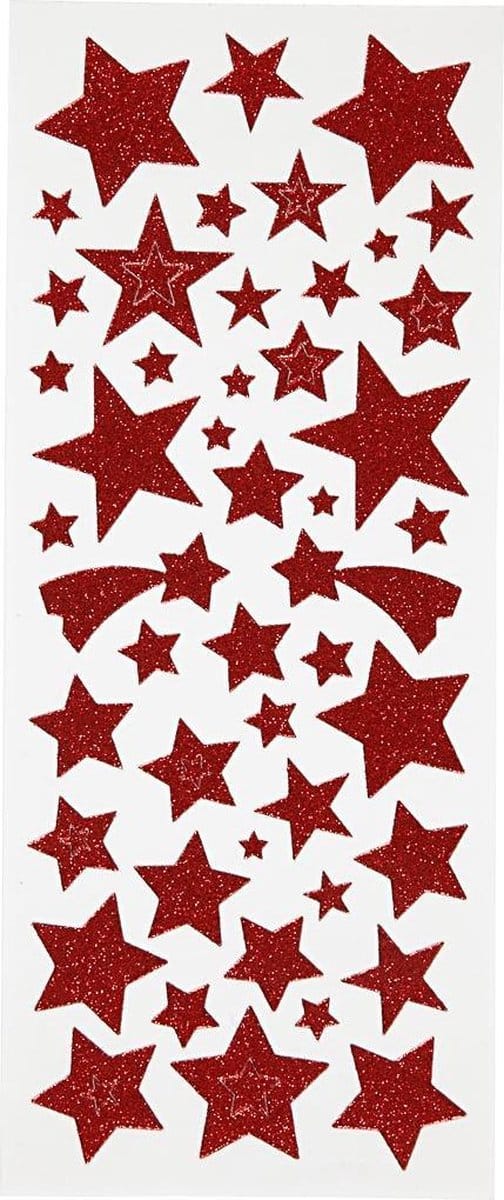 Glitterstickers, sterren, vel 10x24 cm, ca. 110 stuk, rood, 2 vel/ 1 doos
