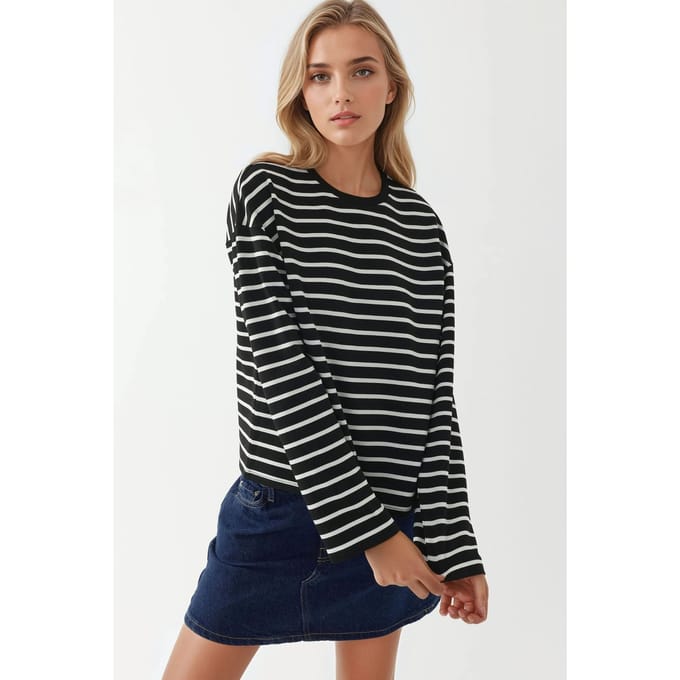 Gestreepte crewneck lange mouw katoenen top