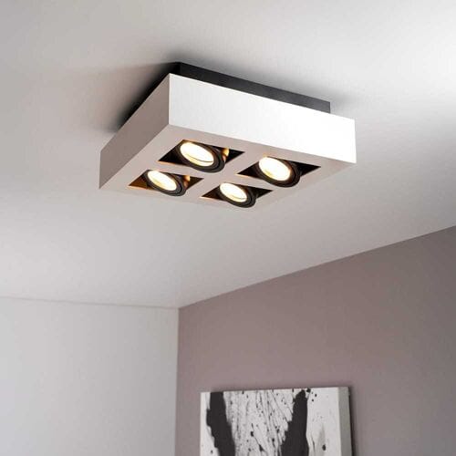Pollux bianco II II by LUSENZ - Vierkante 4-lichts plafondlamp met richtbare spots, mat witte coating en zwart interieur
