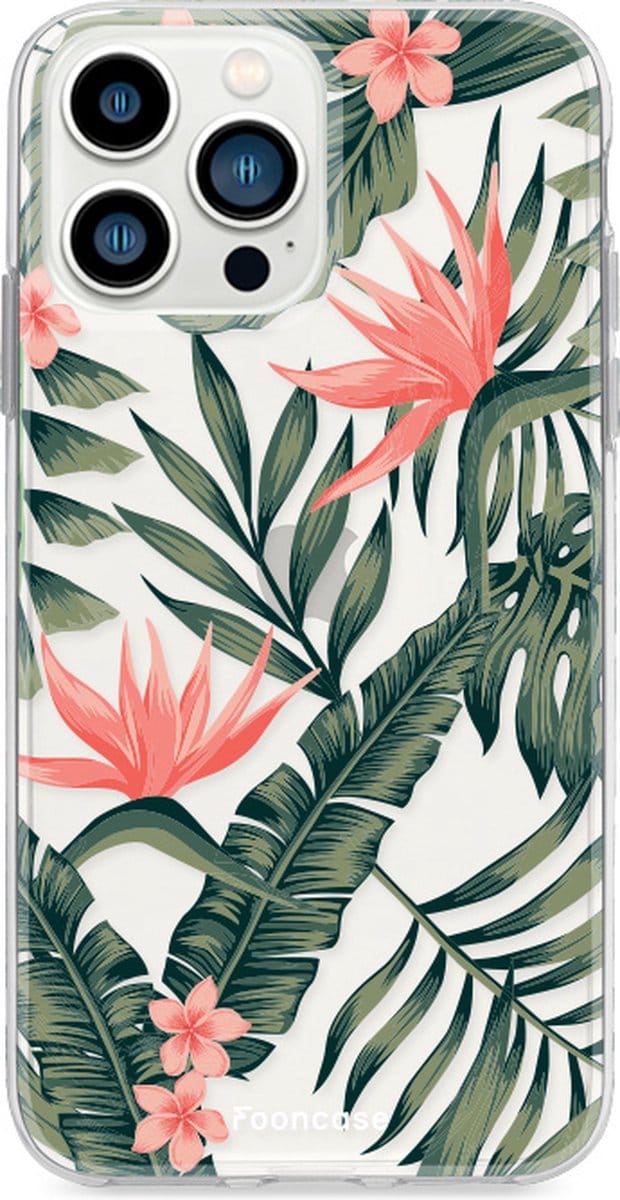 Fooncase Hoesje Geschikt voor iPhone 13 Pro Max - Shockproof Case - Back Cover / Soft Case - Tropical Desire / Bladeren / Roze
