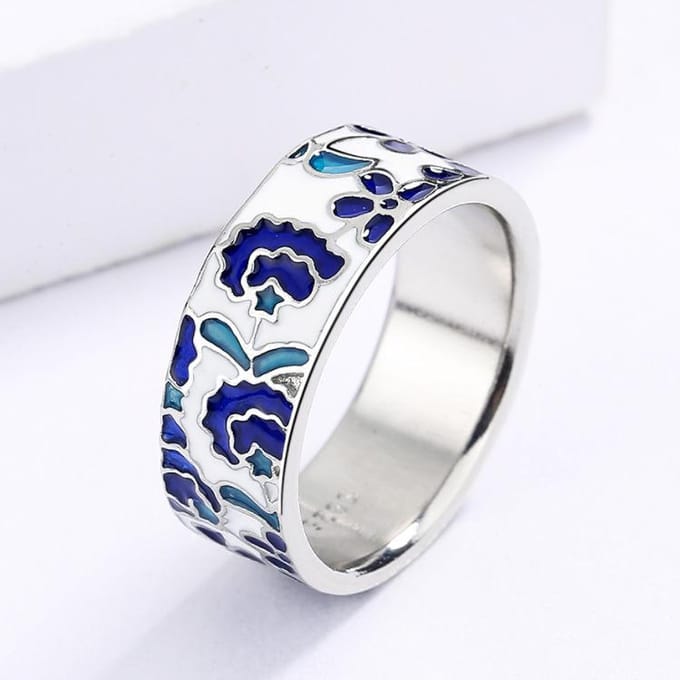 Exquise Nieuwe Dames voor Ring Blauw Emaille Bloemenring Mode Handgemaakte Emaille Sieraden Bruiloft Bruidsring 7 white