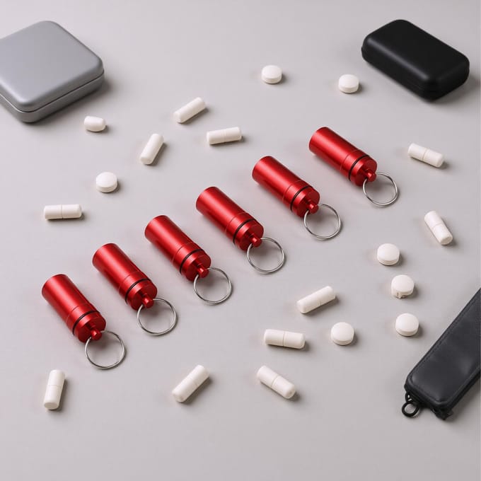 5 stuks   Sleutelhanger Tablettenhoes Waterdicht Aluminiumlegering Draagbaar Buiten Tabletten Container 22x52mm gray