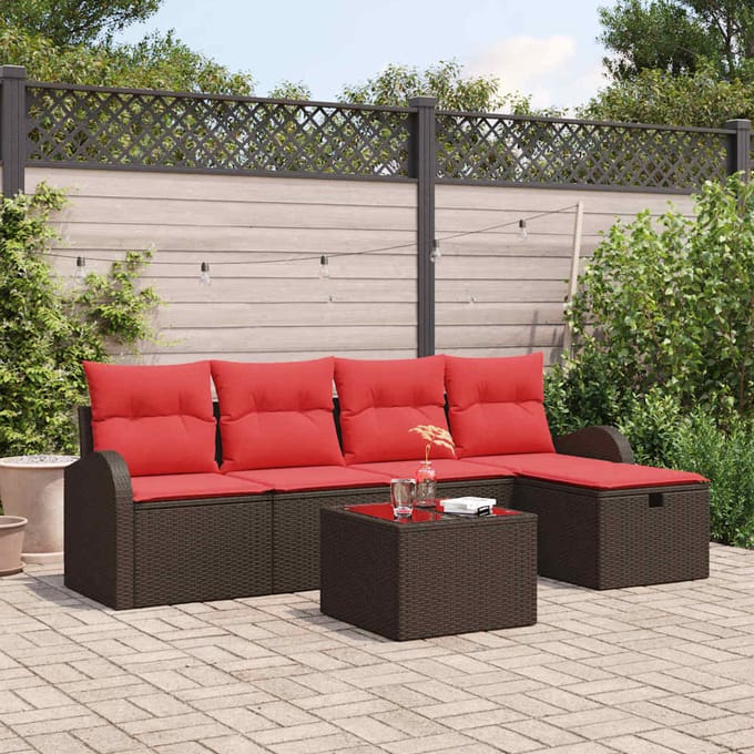 vidaXL Bankstel 6 st Bruin en Rood poly rattan