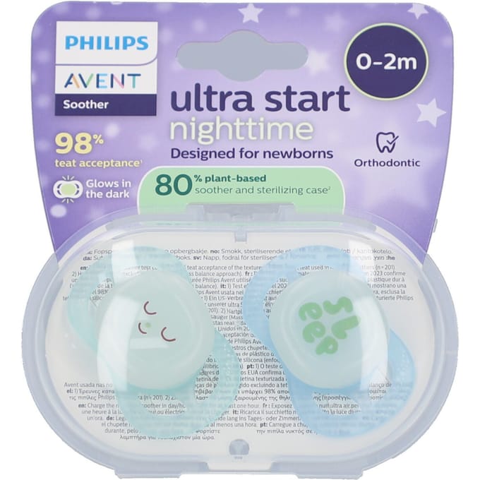 Philips Avent Ultra Start Night – Glow-in-the-dark siliconen fopspeen – 0-2 mnd – 2 stuks - SCF075/18