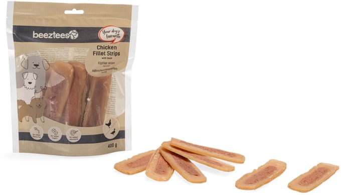 Beeztees Kipfilet Strips met eend - Hondensnack - beloningssnack - 400 gr
