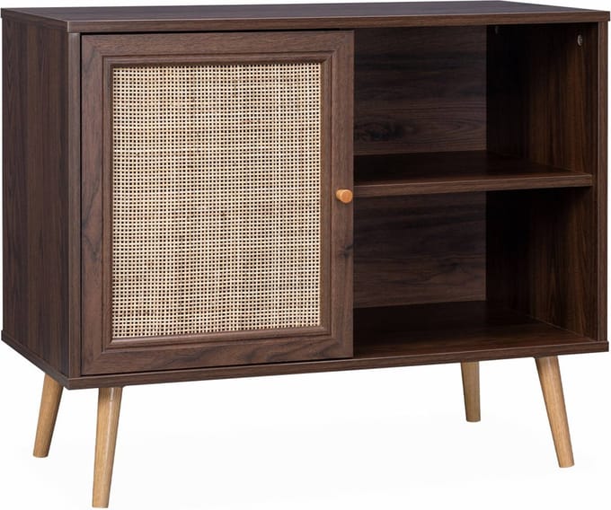 sweeek - Dressoir met 1 deur en plank houtdecor en rotan 80cm - bohème
