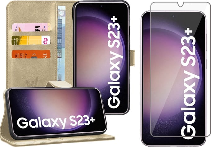 Hoesje geschikt voor Samsung Galaxy S23 Plus - Screen Protector GlassGuard - Book Case Kunstleer Pasjeshouder Goud & Screenprotector