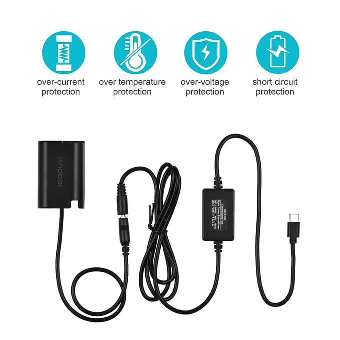 Andoer DMW-DCC17 dummybatterij met Type-C voedingsadapterkabel DMW-BLK22 dummybatterijkoppeling zwart