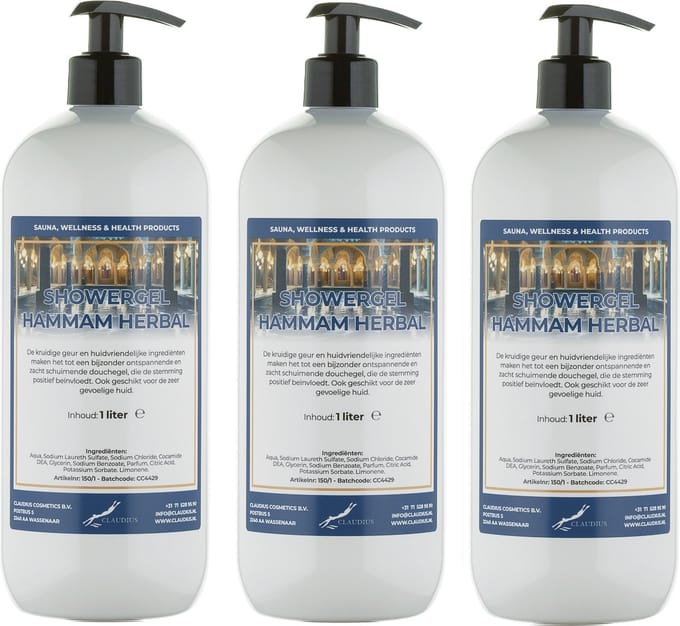 Douchegel Hammam Herbal 1 liter - set van 3 stuks - met gratis pomp - showergel
