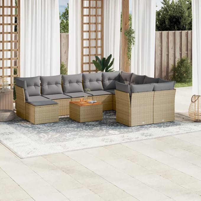 vidaXL - 11-delige - Tuinset - met - kussens - poly - rattan - beige