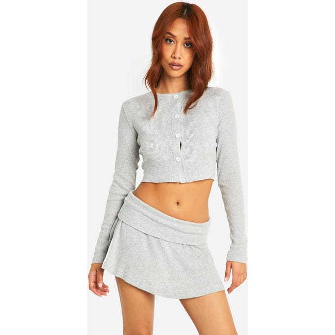 boohoo Dames Geborstelde ribcardigan en minirok set | Houtskool | Maat: 42