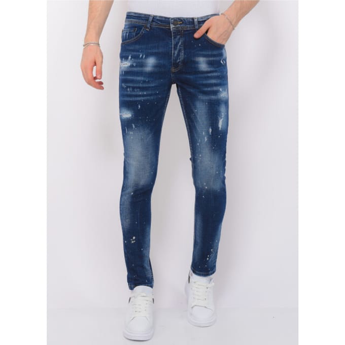 Men's Paint Splatter Stonewashed Jeans - Slim Fit -1077- Blauw