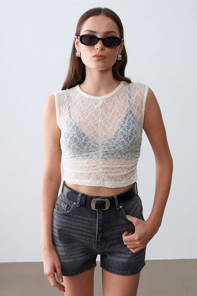 Mouwloze Kanten Geribde Blouse