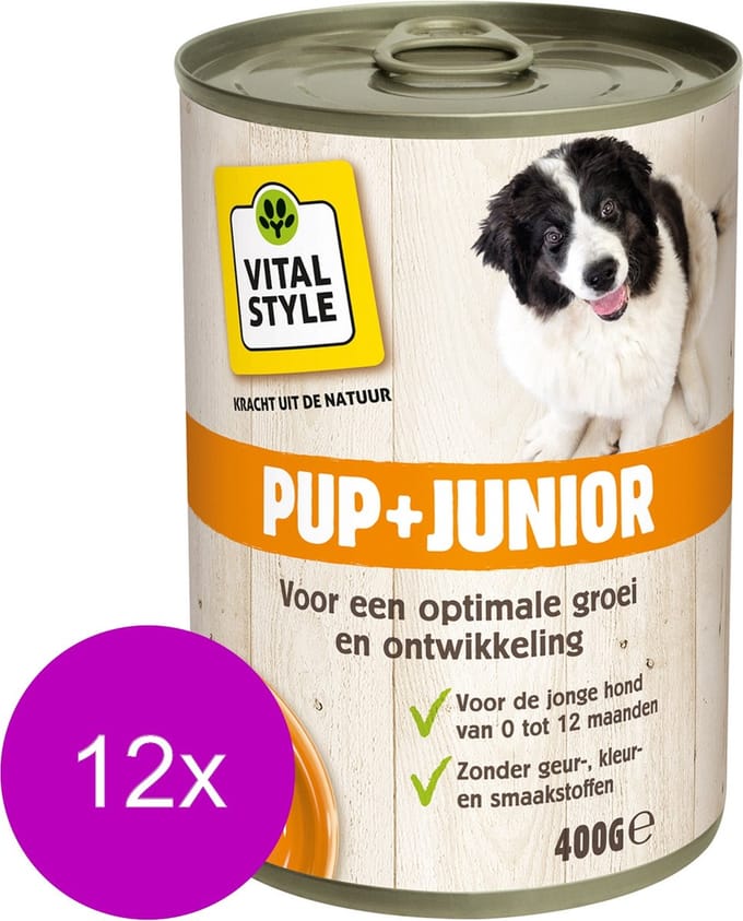 Vitastyle Blik Vitaal Vlees Junior - Hondenvoer - 12 x 400 g