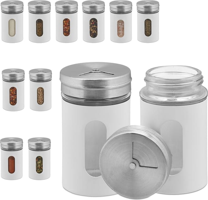 kruidenpotjes - set van 12 - strooigaatjes (3 groottes) - leeg - 90 ml - rvs - wit