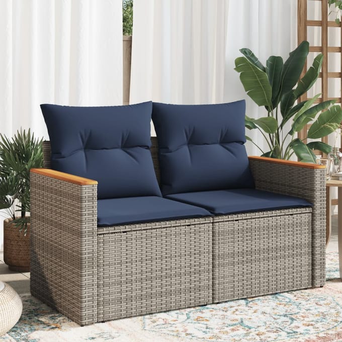 vidaXL - Tuinbank - met - kussens - 2-zits - poly - rattan - grijs