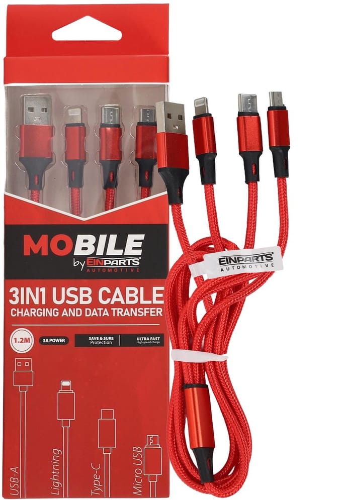 Einparts 3-In-1 Kabel 12M 3A Voor Usb-C, Micro-Usb En Lightning Met Lange Levensduur