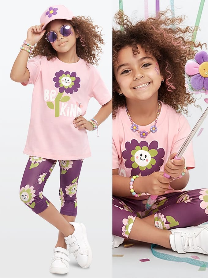 Denokids CFF-26Y1-059 Roze Meisjes Katoen T-shirt & Leggings Set Bloemenprint 122