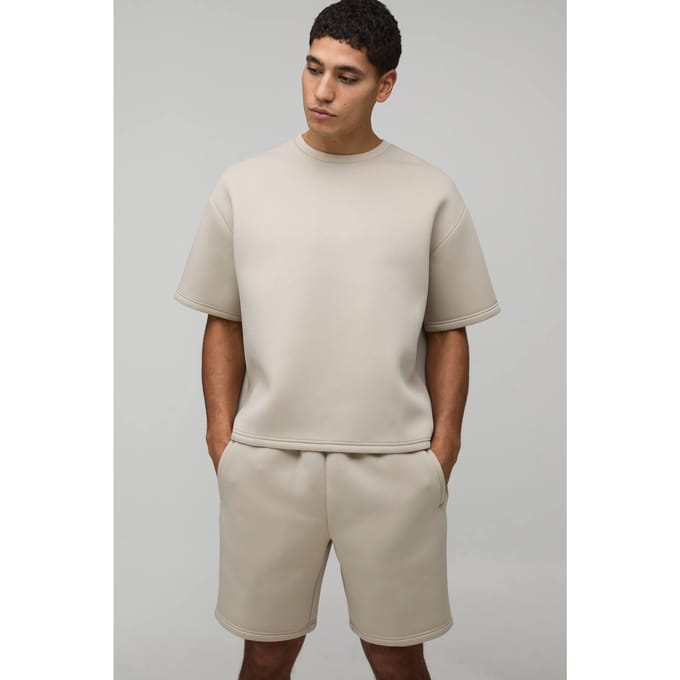 Oversized Boxy Bonded Scuba T-shirt & Ontspannen Short Set | Stone | Size Medium