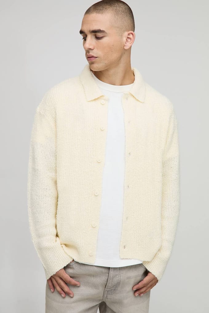 Boxy Fit Geborsteld Gebreid Shirt | Ecru | Size Medium