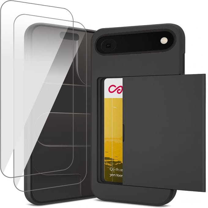 Hoesje met Pasjeshouder geschikt voor iPhone 17 Air - 2x Screen Protector GlassGuard - Back Cover SlideCase Zwart & Screenprotector
