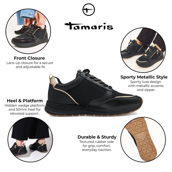 Tamaris Dames Zwart Goud Mode Veterschoenen met Rits