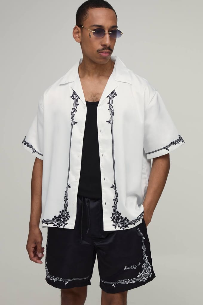 Oversized Short Sleeve Floral Boarder Print Satin Shirt & Short Set | Black | Size Medium