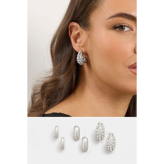 Yours 3Pack Zilverkleurige Diamanten Gepolijste Set Hoepeloorbellensize One Size